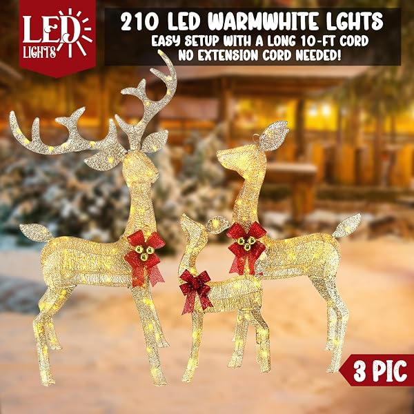 5FT LIGHT UP CHRISTMAS REINDEER OUTDOOR DECOR, 3PCS LARGE HANDMADE CHRISTMAS DEER DECORATIONS WITH 240 LED FOR YARD DISPLAY HOME DECOR, SAFE MATERIAL METAL GROUND STAKES, PLUG AND PLAY