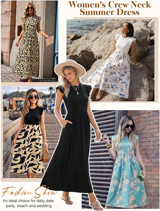 Robe Longue Femme Robe Été Elegant Haut Taille Col Rond Manches Courtes Robes Casual Plage Vacances Mariage Invitée Soiree avec Poches (Bleu Clair Floral, M)