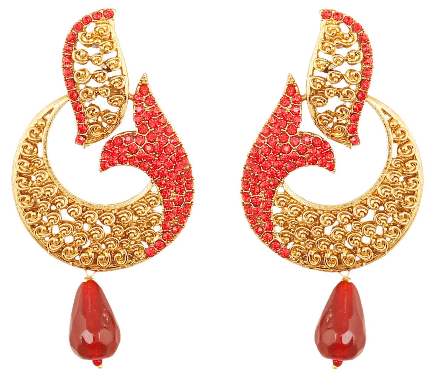 Touchstone Indian Bollywood pretty curved fish motif candy red Rhinestone long bridal designer jewelry chandelier earrings for women in antique gold tone โ image 1