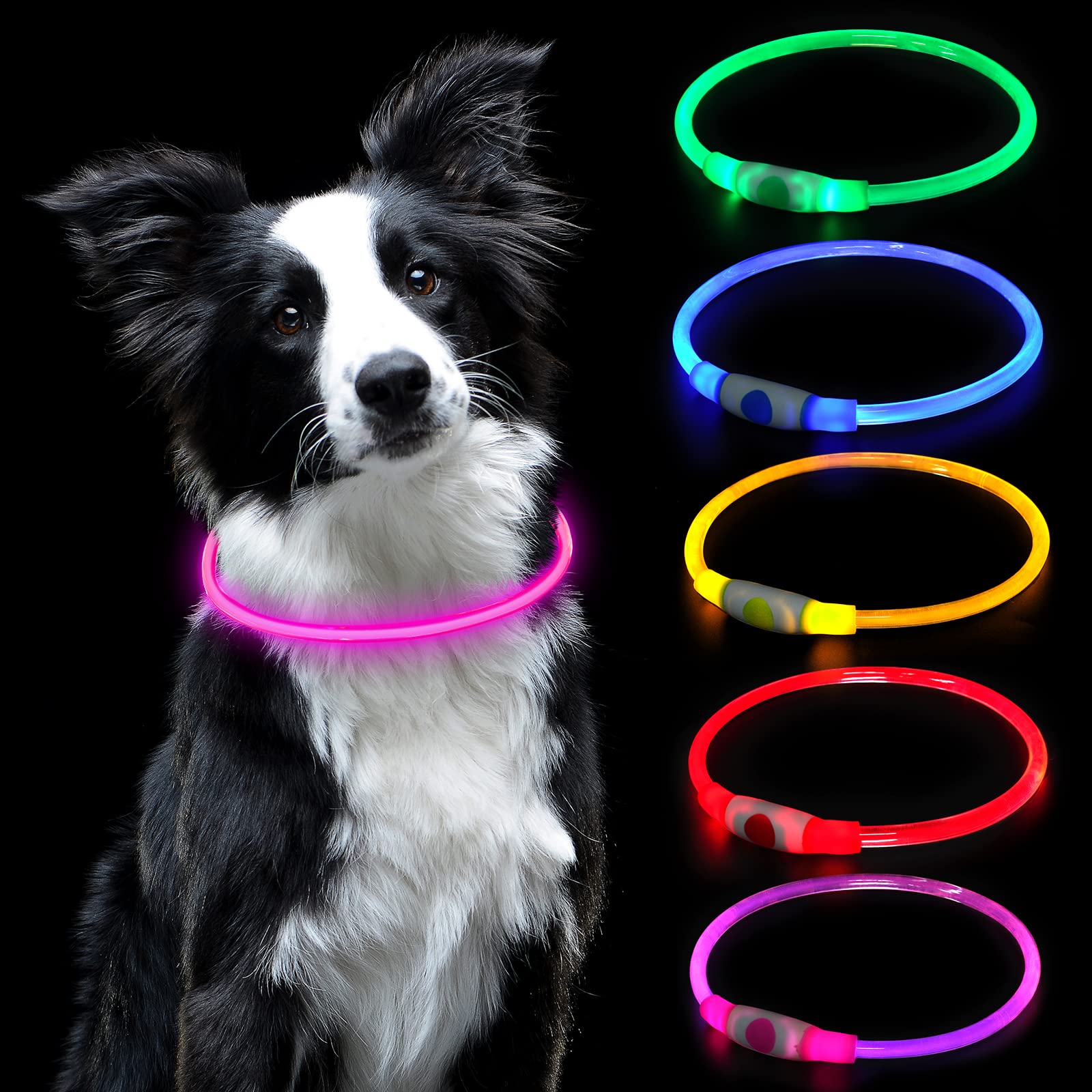 AUAUY LED Light Up Dog Collar, Pets Flashing Collar, Dog Collar Light for the Dark, USB Rechargeable Water Resistant Reflective Collar for the Can Arbitrarily Cut Collars Fits Any Cats and Dogs-Pink — image 1