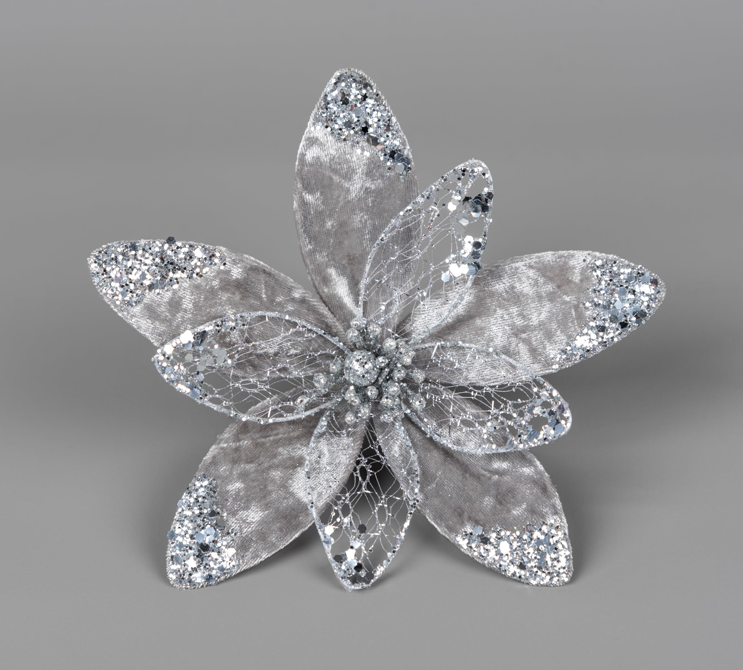 20cm Deluxe Christmas Glitter Poinsettia Silver Velvet Net Artificial Flower with Metal Clip Christmas Tree Decorations Wedding New Year Ornaments