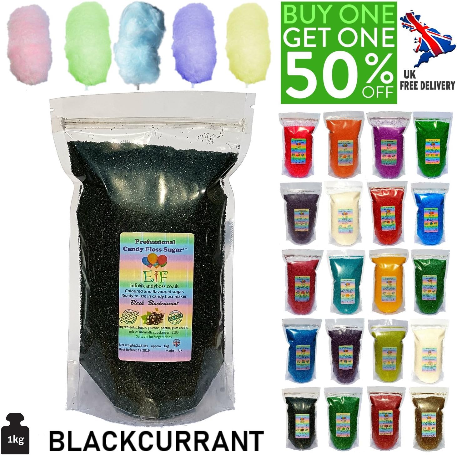 Candy Floss Cotton Sugar EiF Black Blackcurrant 1 KG - Ready to Use in Your Machine (Free UK Shipping)
