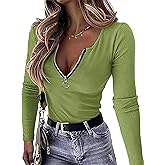OwnTime Womens Sexy Tops Long Sleeve Henley Shirts Fitted Low Cut Tops Ribbed Zipper V Neck Cleavage Fall Shirts Blouses