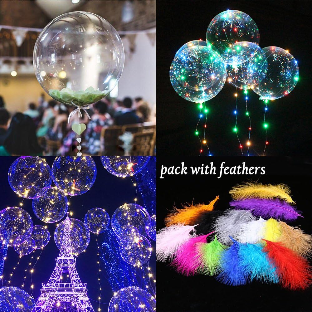 LED Transparent Balloons Flashing with Colorful Blinking Light Feathers and Ribbons 1Pcs/3Pcs/5Pcs for Birthday Wedding Halloween Christmas Newyear Party Decoration (1 Pack)