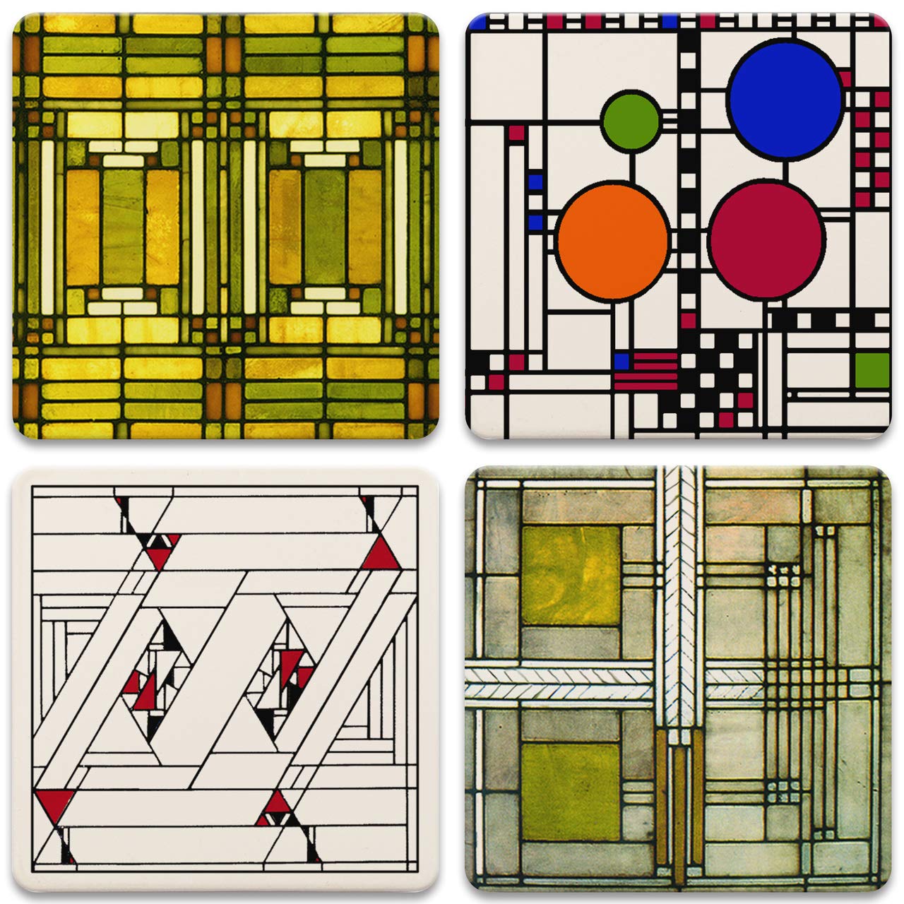 As305 Absorbent Coasters, 4-1/4-Inch, "Frank Lloyd Wright Art Glass Designs", Set Of 4