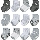 JAKIDAR Baby Toddler Grip Socks, 12 Pairs Non-Slip Crew Cotton Socks for Girls Boys