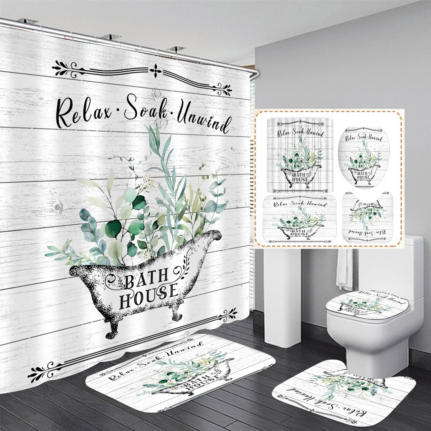 Nkzply 4 Pcs Farmhouse Shower Curtain Rustic Bathroom Sets with Shower Curtain and Rugs Floral Shower Curtain Set Green Leaves Bathroom Decor Vintage Bathroom Rugs Set Toilet Lid Cover Hooks