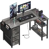 Lufeiya L Shaped Computer Desk with Drawers &amp; Storage Shelves, 47 Inch Small Corner Desk with Power Outlet for Home Office Bedroom, L-Shaped Gaming PC Desks with Fabric Drawer, Gray