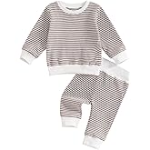Gueuusu Fall Winter Toddler Baby Boy Outfit Waffle Knit Long Sleeve Sweatshirt Pullover Tops and Pants Set