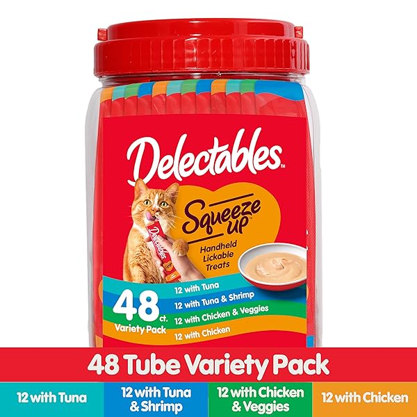 DELECTABLES SQUEEZE UP VARIETY PACK, CREAMY SQUEEZABLE PUREE, LICKABLE WET CAT TREATS, GRAIN FREE, NO ADDED FILLERS, NO BY-PRODUCTS, NO ADDED PRESERVATIVES, 0.5 OUNCES TUBE, 48 TUBES TOTAL