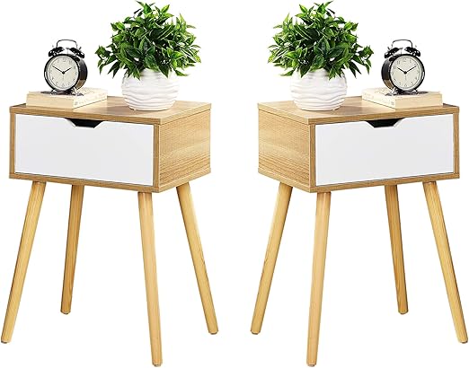 Amazon Com Kswin 1 Drawer Nightstand Natural Color Side Table Solid Wood Legs End Table Living Room Bedroom Furniture Set Of 2 Kitchen Dining