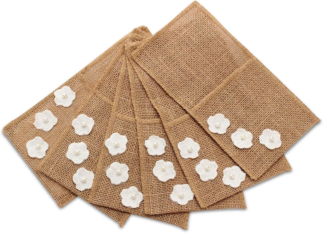 Woowland 40 Pieces Burlap Silverware Napkin Holders 4 x 8 Inch, Cutlery Holders Pouch Pockets with Pearl Flowers, Wedding Party Table Decorations Bridal Shower Baby Shower Table Setting Decorations