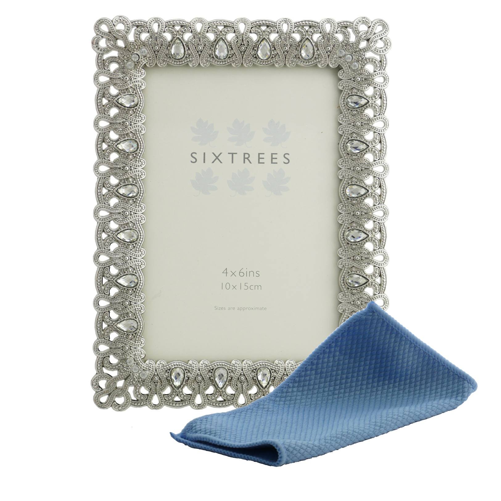 Sixtrees Antique Vintage and Shabby Chic Style silver metal photo frame with beads and crystals for a 4 x 6 inch (152mm x 102mm) picture. Diana Complete with Microfibre Cleaning cloth.