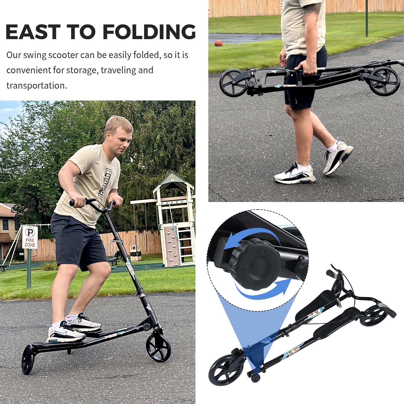 AODI 3 Wheel Foldable Scooter Swing Scooter Tri Slider Kick Wiggle Scooters Push Drifting with Adjustable Handle for Boys/Girl/Adult Age 8 Years Old and Up