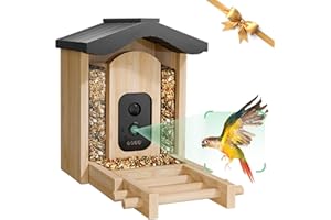 VISIOGEAR Bird Feeder with Camera, Smart Bird Feeder for Outdoors, Wild Birds Feeders with Solar Panel Bamboo Birds House Camera for Birdlovers, AI Auto Capture Birds & Real-time Notification (Gable)