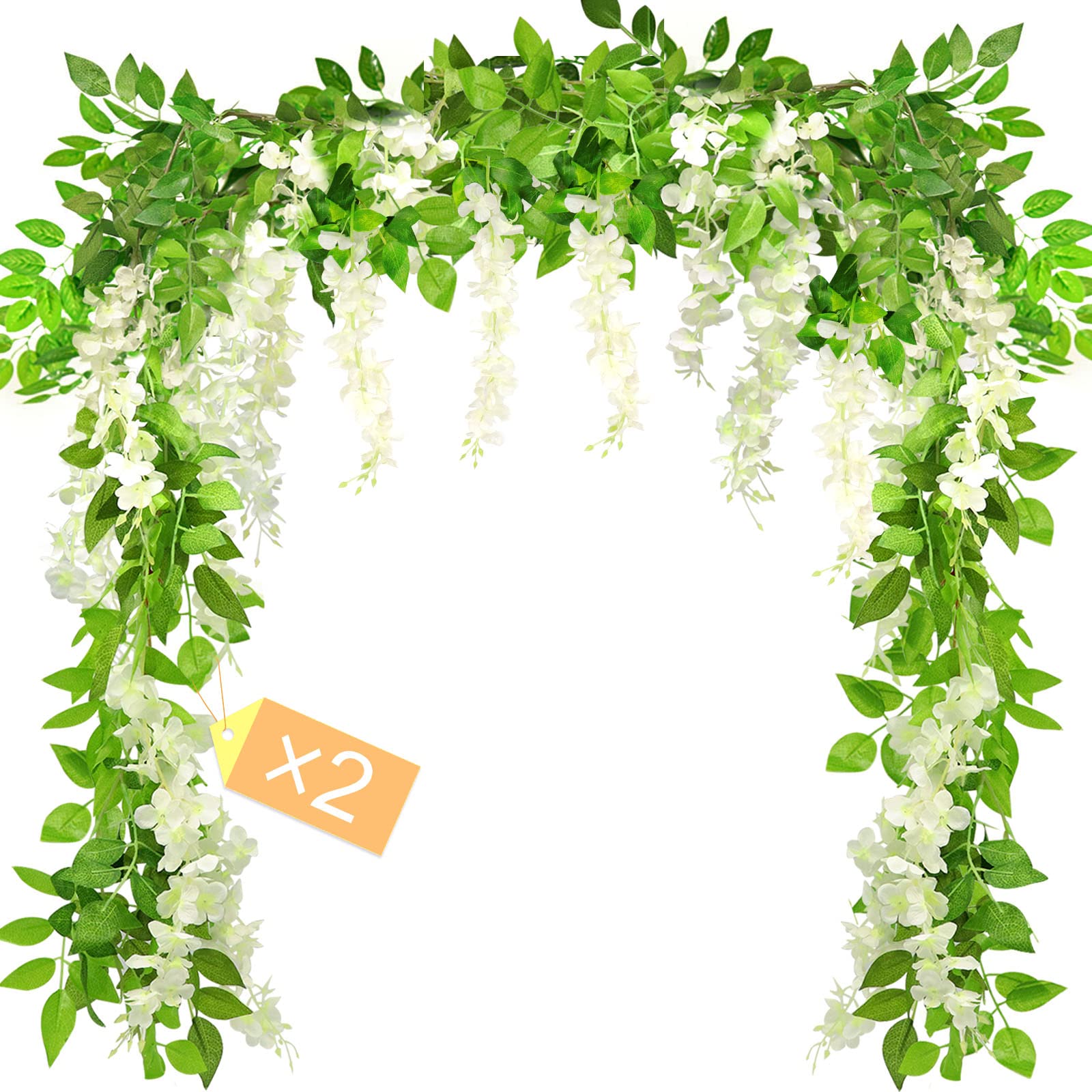 MOTONG Artificial Flowers Decoration, 2 Pcs (2M/7FT/Piecs) Fake Flowers Artificial Wisteria Vines, Artificial Vine Garland Plants Arts For Ceremony Home Garden Wedding Party Decoration(White)