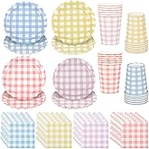 72pcs Gingham Dessert Paper Plates and Napkins Set 9 Inch Colorful Scalloped Picnic Paper Plate Disposable Plaid Cocktail Napkin Checkered Dinner Party Set for Picnic Wedding Birthday (4 Colors)