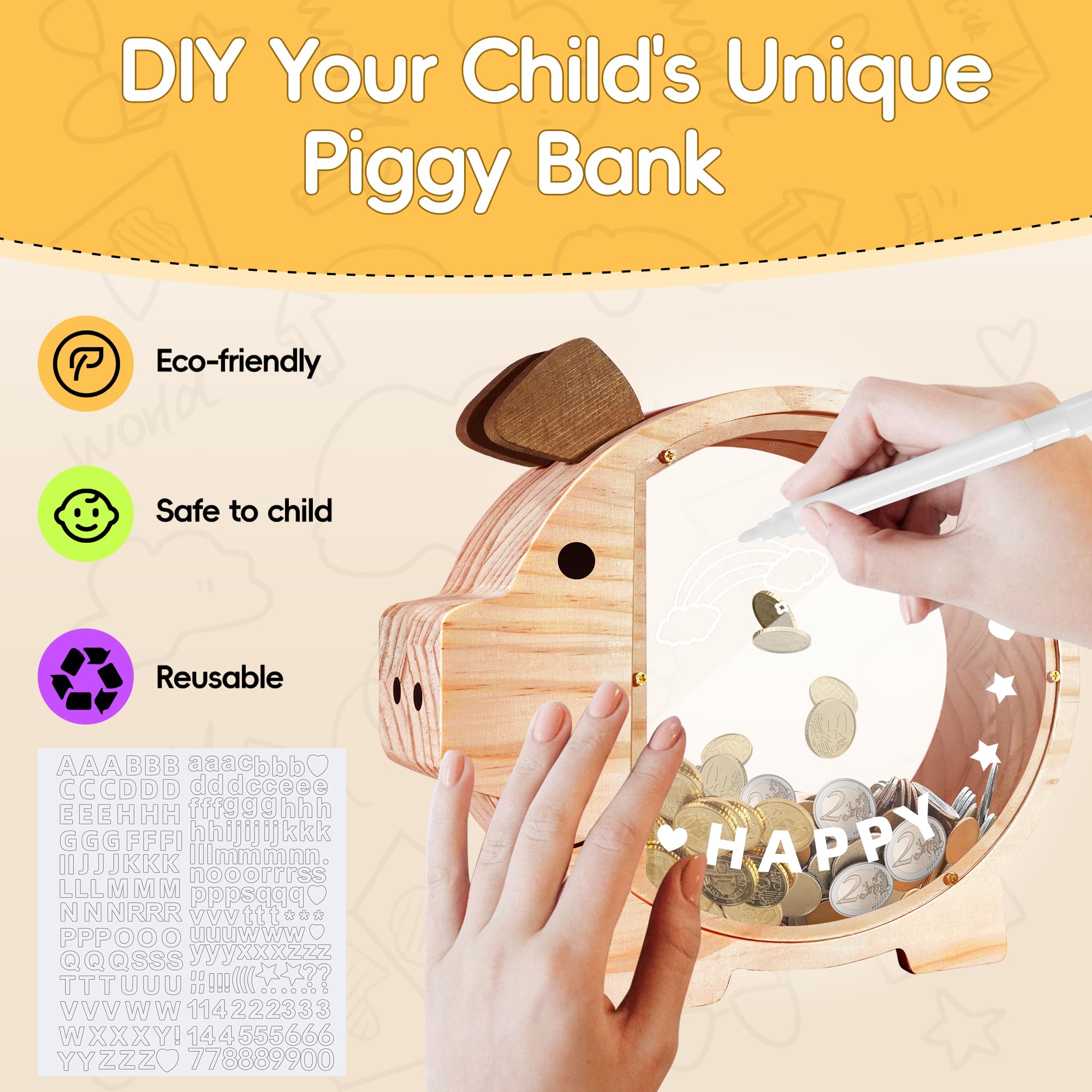 Piggy Bank for Kids Money Saving,Wooden Piggy Bank for Boys Girls,Unbreakable Piggy Bank with Letter Stickers,DIY Name Personalized Coin Bank for Children's Birthday Decor