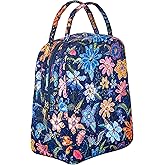 Large Quilted Fabric Cotton Reusable Inusulated Lunch Tote Bag Cooler Snack Bag Women Pretty Thermal Lunch box Storage Gift Bag for Work & Outdoor (Blue Floral)