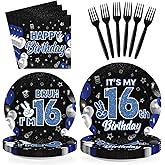 96 Pcs 16th Birthday Decorations for Boys Blue and Black Plates and Napkins Disposable Glitter It's My 16th Birthday Party Supplies for Boys Kids Teenager 16 Years Old Party Decor,Serves 24