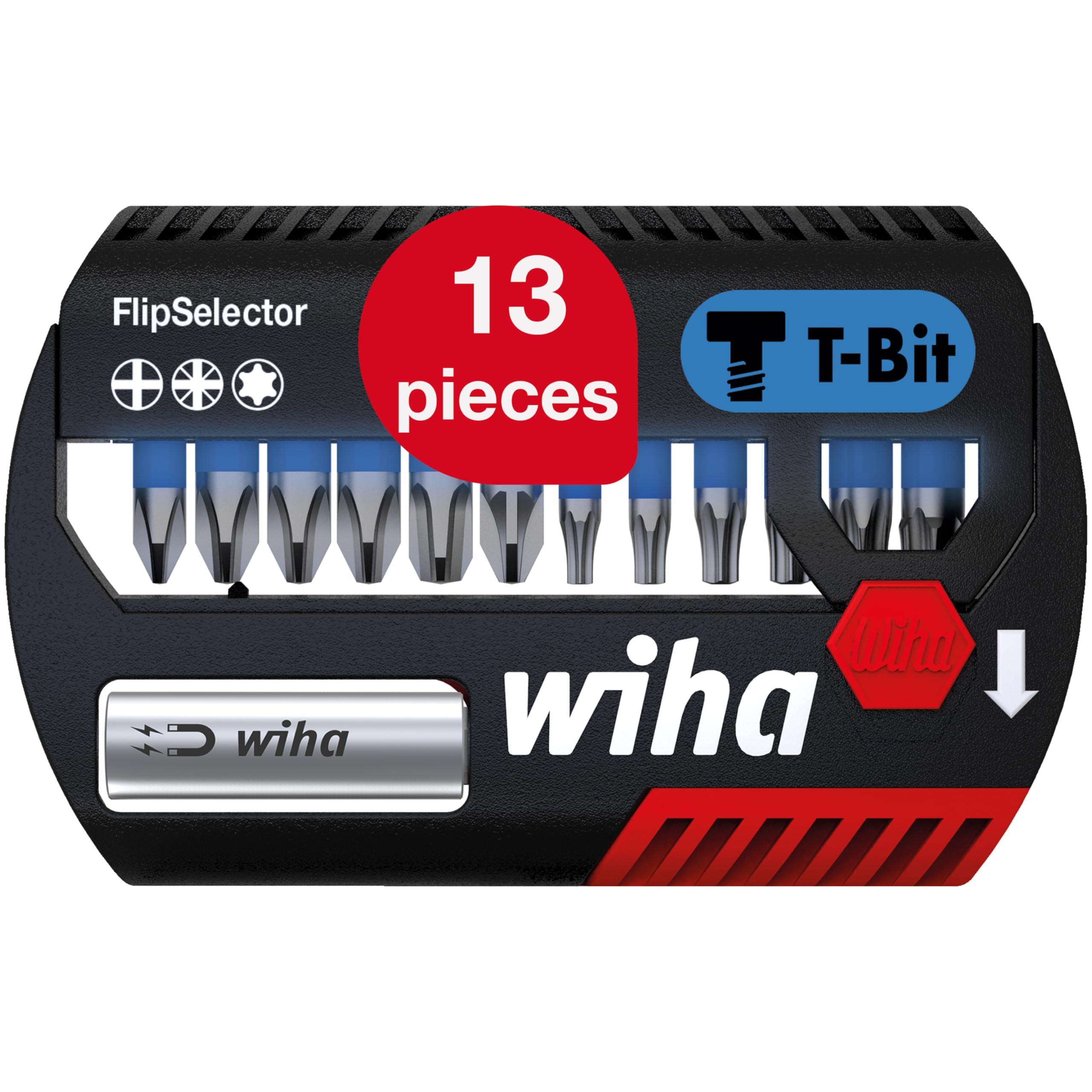 Wiha Bit Set FlipSelector 13-TLG. I T-Bit 25 mm, PH, PZ, TORX 1/4" C6,3 I magnetischer Bithalter I Impact- & Schlaugschrauber geeignet (41824), Red/Yellow