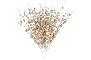 DearHouse 10 Pack Christmas Glitter Berries Stems, 15Inch Artificial Christmas Picks for Tree Ornaments, DIY Xmas Wreath, Crafts, Holiday Home Decor (Champagne)