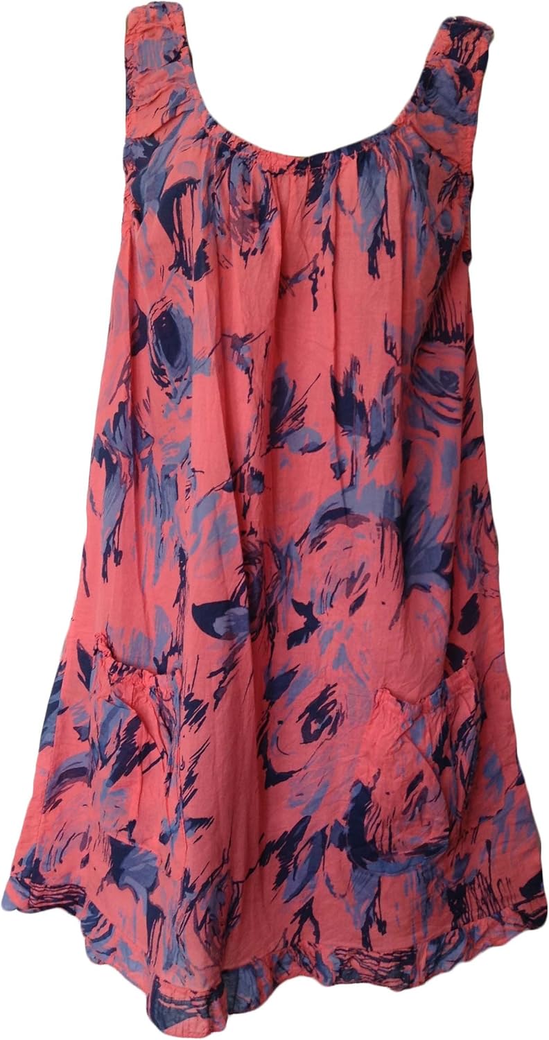 Italian Cotton Lagenlook Loose Fit Tunic Summer Dress, One Size (Coral