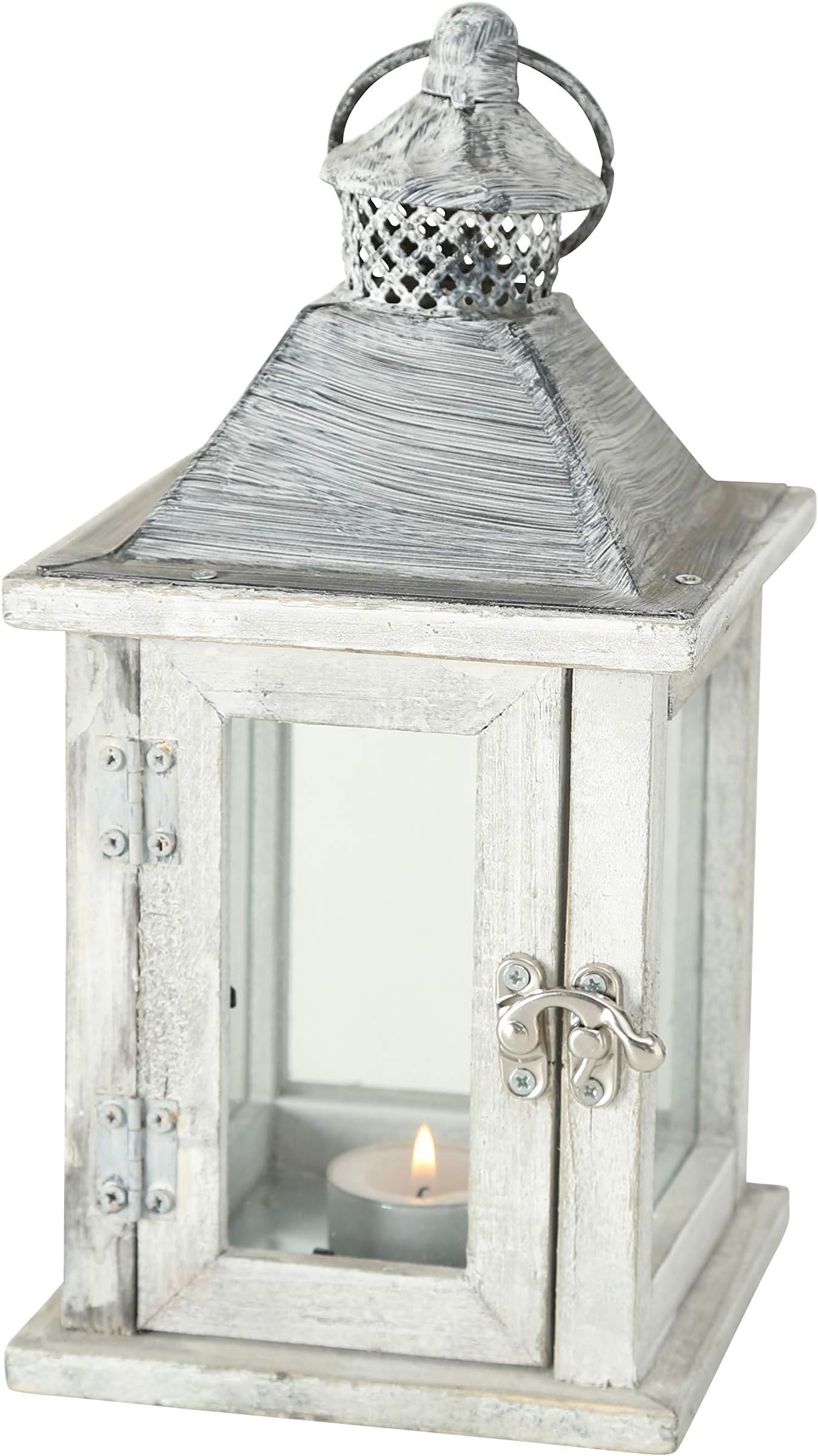 Wooden Candle Lantern Hurricane, Rustic Dark Metal Roof, Shabby Weathered Finish, White Stained Fir, 10 Inches Tall Galvanized Metal Floor Plate