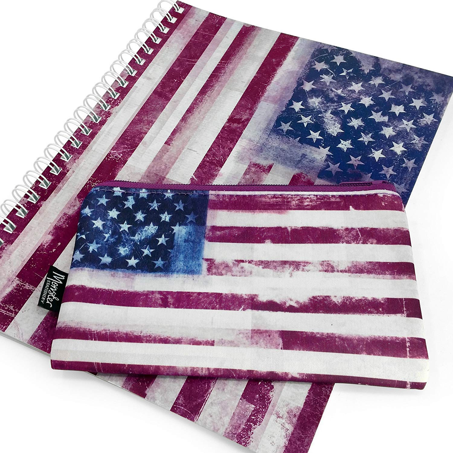 Monster Stationery - A4 Lined Notebook & Matching Neoprene Pencil Case - Made in UK - Distressed Flag Series - Stars and Stripes