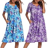 Ekouaer 2 Pack House Dresses for Women with Pockets Short Sleeve Moo Moos Floral Print Mumu Dresses