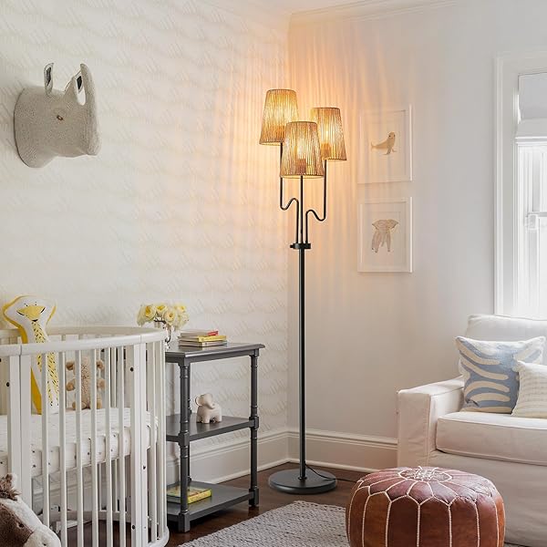 DIMMABLE FLOOR LAMP, 68IN. BOHO FLOOR LAMPS WITH NATURAL SHADE, 3-LIGHT TREE LAMP FOR COASTAL, BEACH OR BOHEMIAN STYLE DECOR, E26 SOCKET, ROTARY SWITCH STANDING LAMP FOR LIVING ROOM, BEDROOM