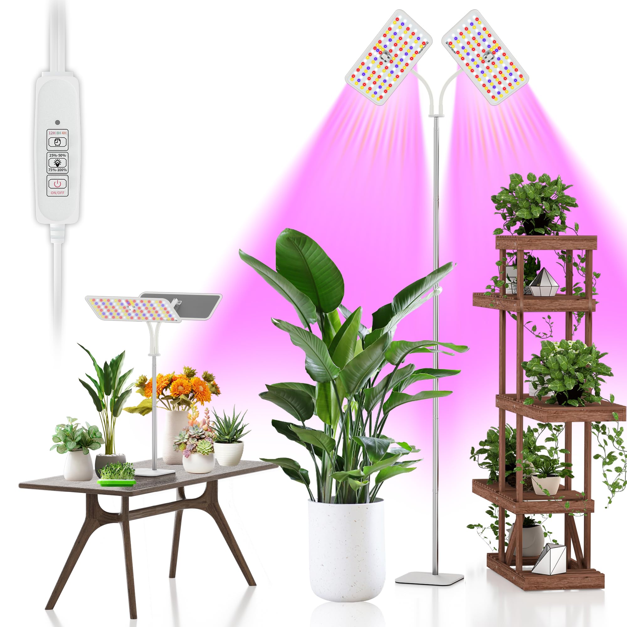 Photo 1 of KINGPLUS Grow Lights with Stand, Double Head, Full Spectrum LED Grow Light for Indoor Plants, 240 Leds, 4 Dimmable Levels, Timer 4/8/12h, 12-60inches Height Adjustable, 36w, Ideal for Desk Small Plant