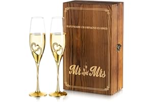 Nuptio Crystal Champagne Flutes Wedding: Set of 2 Gold Champagne Glasses with Wooden Gift Box Prosecco Glass Pair for Couples