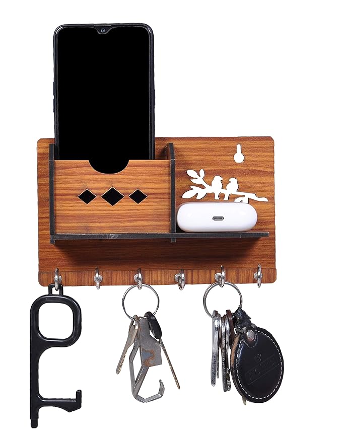 GLNRM Multipurpose Wooden Key Holder with Mobile Stand and Wall Shelf Rack 6 Key Hanger Hooks