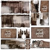 Fourluoo 16 Pcs Decorative Kitchen Set, Brown Kitchen Towels and Dishcloths Non Slip Rugs Mats for Floor Modern Oven Mitts and Pot Holders Sets Placemats Art Abstract Curtains for Home Decoration Gift