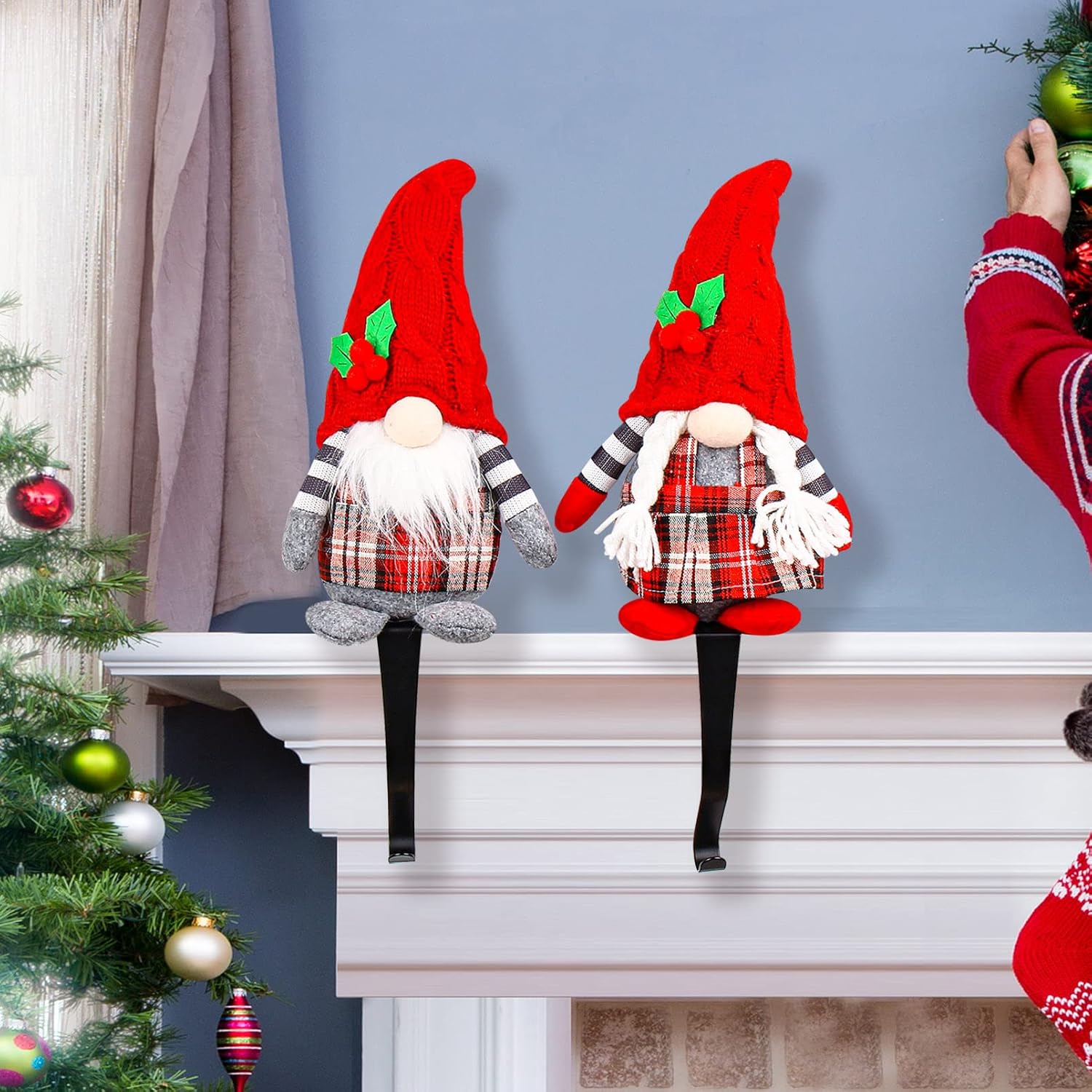 Stockings & Holders - Set of 2 Christmas Gnomes Stocking Holders with Metal Coating Stockings Hangers/Hooks Fireplace Garland Mantle Hooks (Gnomes Stocking Holder-S2-01)