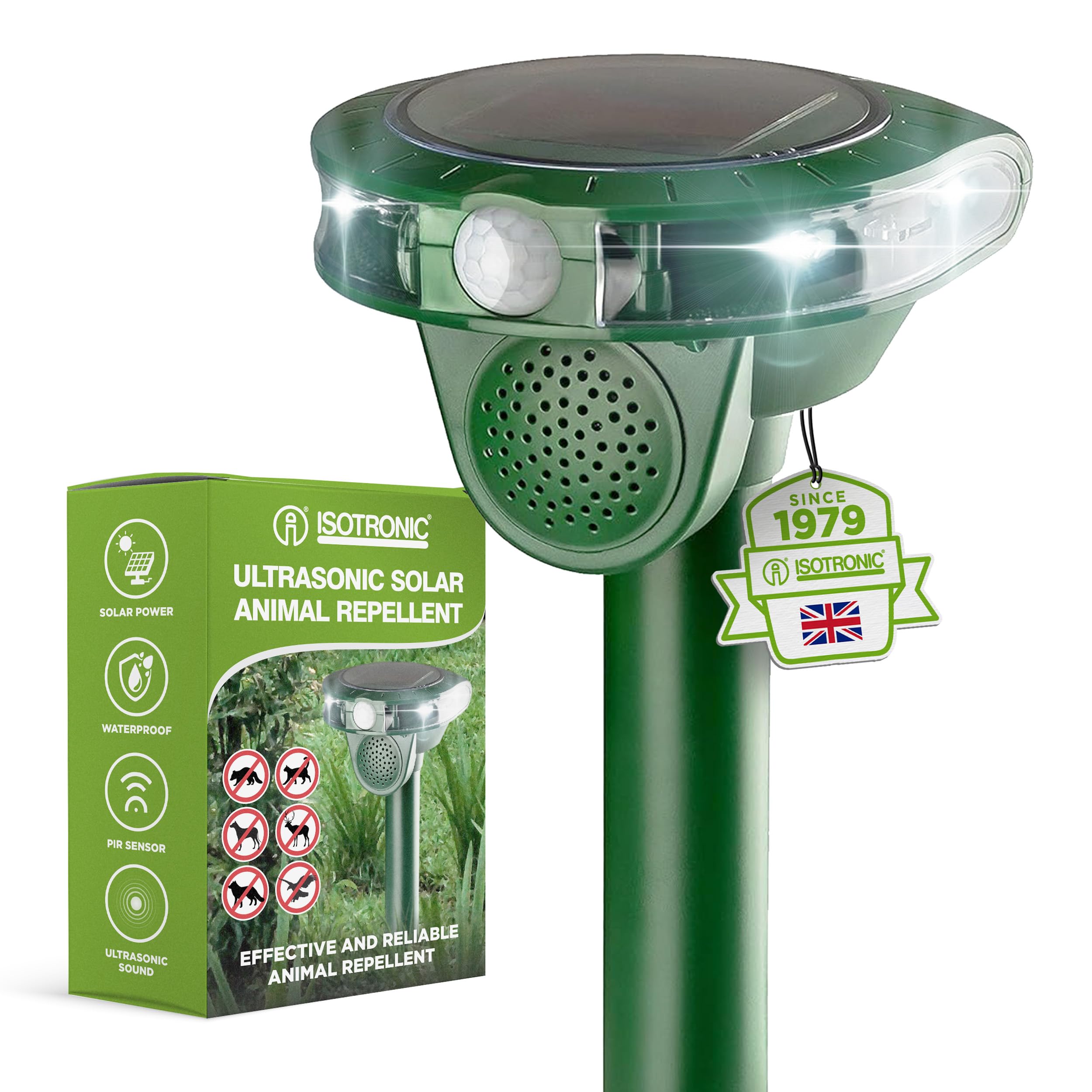 ISOTRONIC Solar Animal Repeller for Repelling Cats, Dogs, Foxes & Raccoons - Ultrasonic Cat Deterrent for the Garden - Dog Repellent with 40 m² Effective Area (Pack of 1)