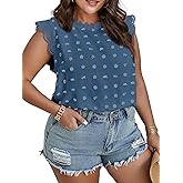 SCOMCHIC Women Plus Size Tank Tops Cute Summer Sleeveless Blouses Lace Trim Cap Sleeve Crewneck Swiss Dot Babydoll Tops