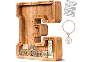 KMC Wooden Letter Piggy Bank, Personalized Initial Piggy Bank for Kids Boys, Clear Alphabet E Wood Money Box, Unbreakable Coin Saving Jar, Birthday, for Children