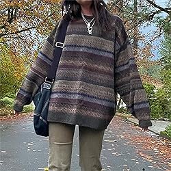 Women Y2K Argyle Striped Pullover Sweater Casual