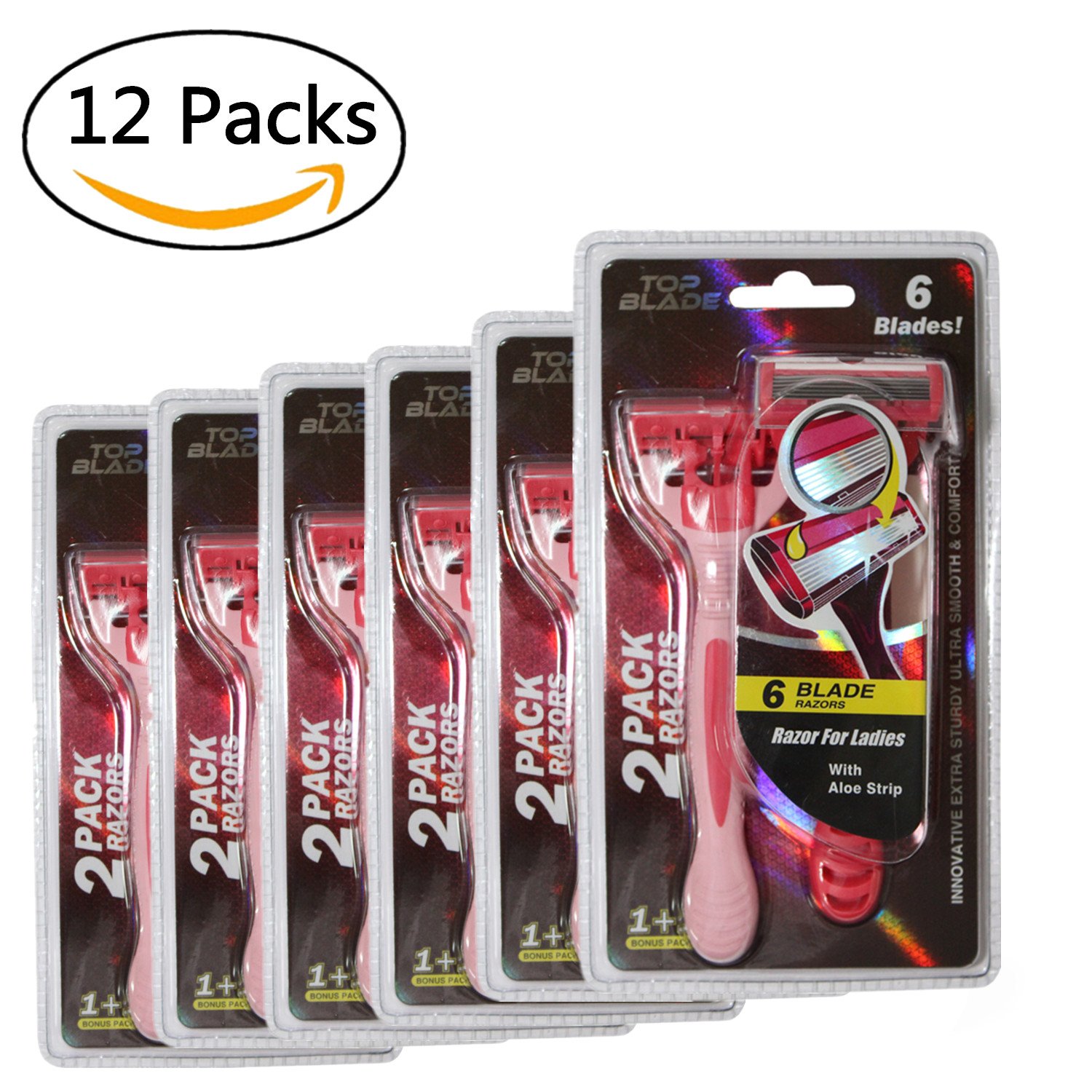 Top Blade Pink Disposable Razors For Women Flexible 6 Blades With Aloe Strip 12 Razor Pack