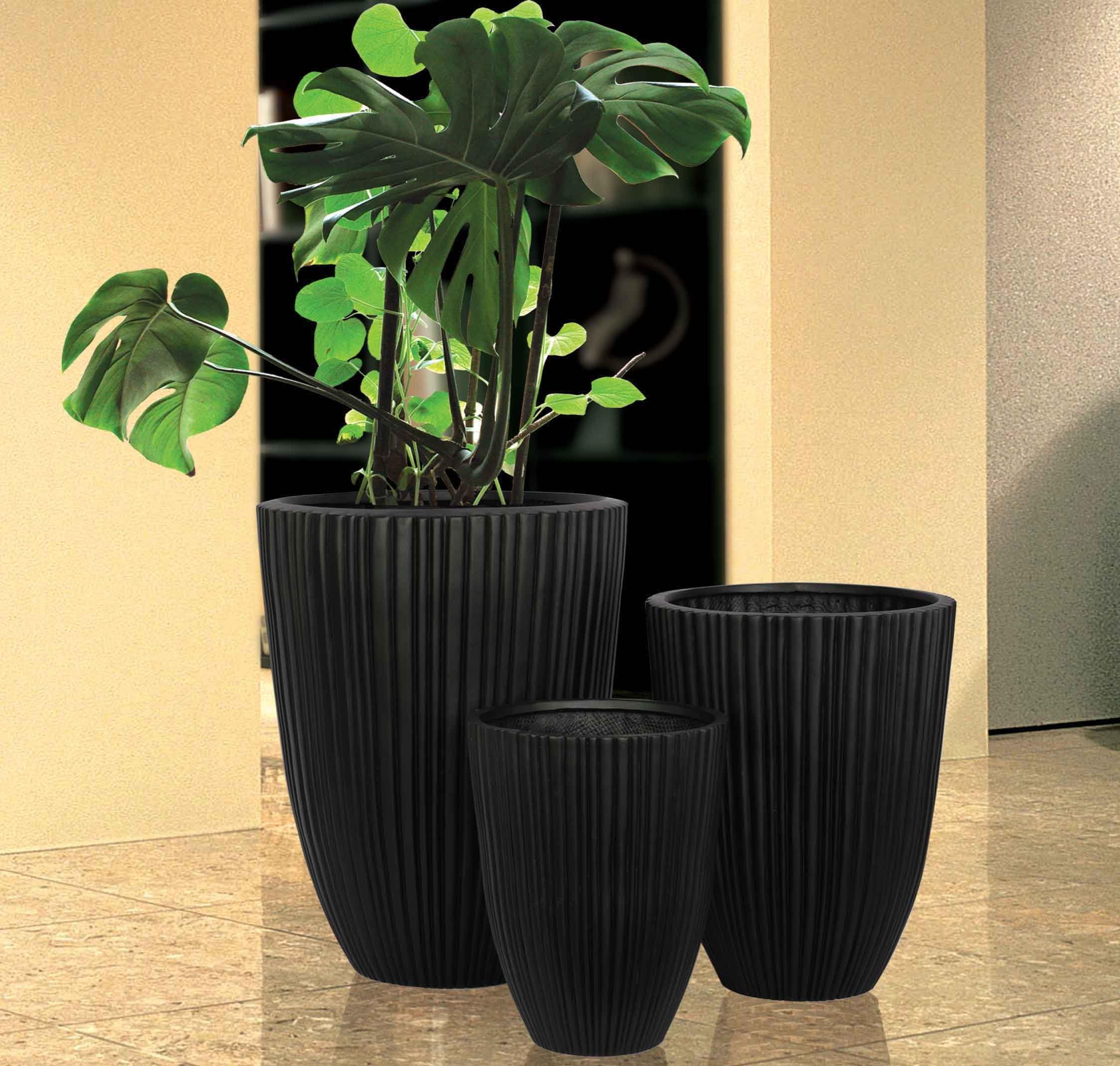 Modern Black Round Set of 3 Planters Pots to use Outdoor or Indoor Home Decoration Patio Garden Lawn F1249ABC