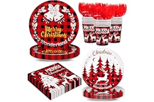 AGOOOODYSET 120pcs Christmas Plates and Napkins Merry Christmas Party Supplies Elk Red Black Buffalo Plaid Paper Cup Christmas Party Supplies for Xmas Party Serve 24 Guests