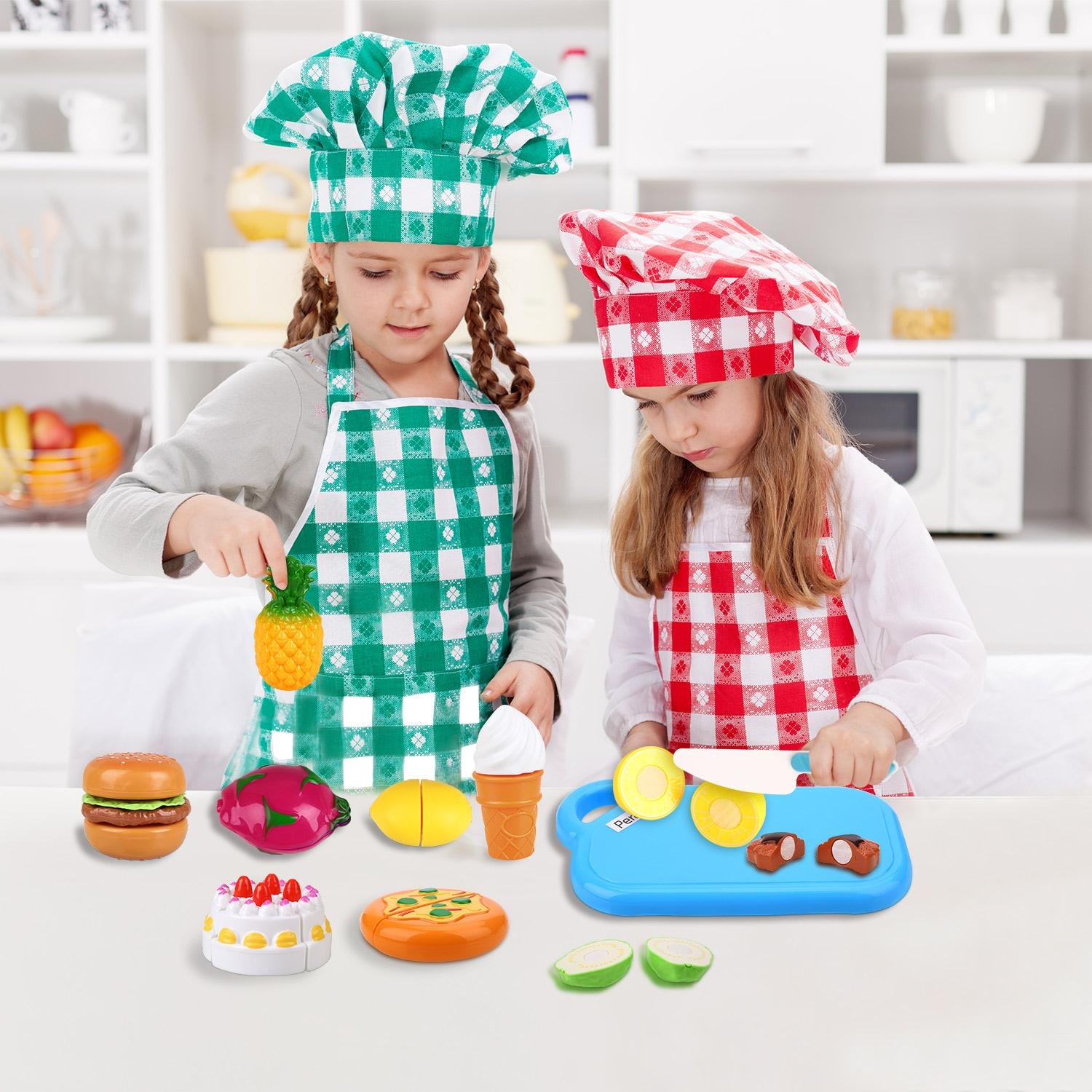 Play Food Cutting Set for Kids Kitchen Play Game with Plastic Velcro Vegetables Fruits Hamburger Cake Cutting Board Set and Apron by Peradix