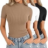 Velvelhall 3 Pack Women Mock Turtleneck Shirts Short Sleeve Ribbed Lightweight Basic Layering Cotton Tops Slim Fit Tunic Tees