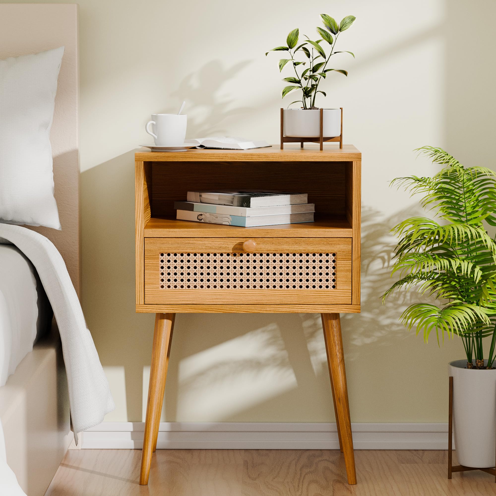 Photo 1 of Rattan Nightstand Bedside Tables, Modern Wood Side Table Small End Table for Bedroom Living Room with Long Solid Wood Legs Drawer and Open Shelf