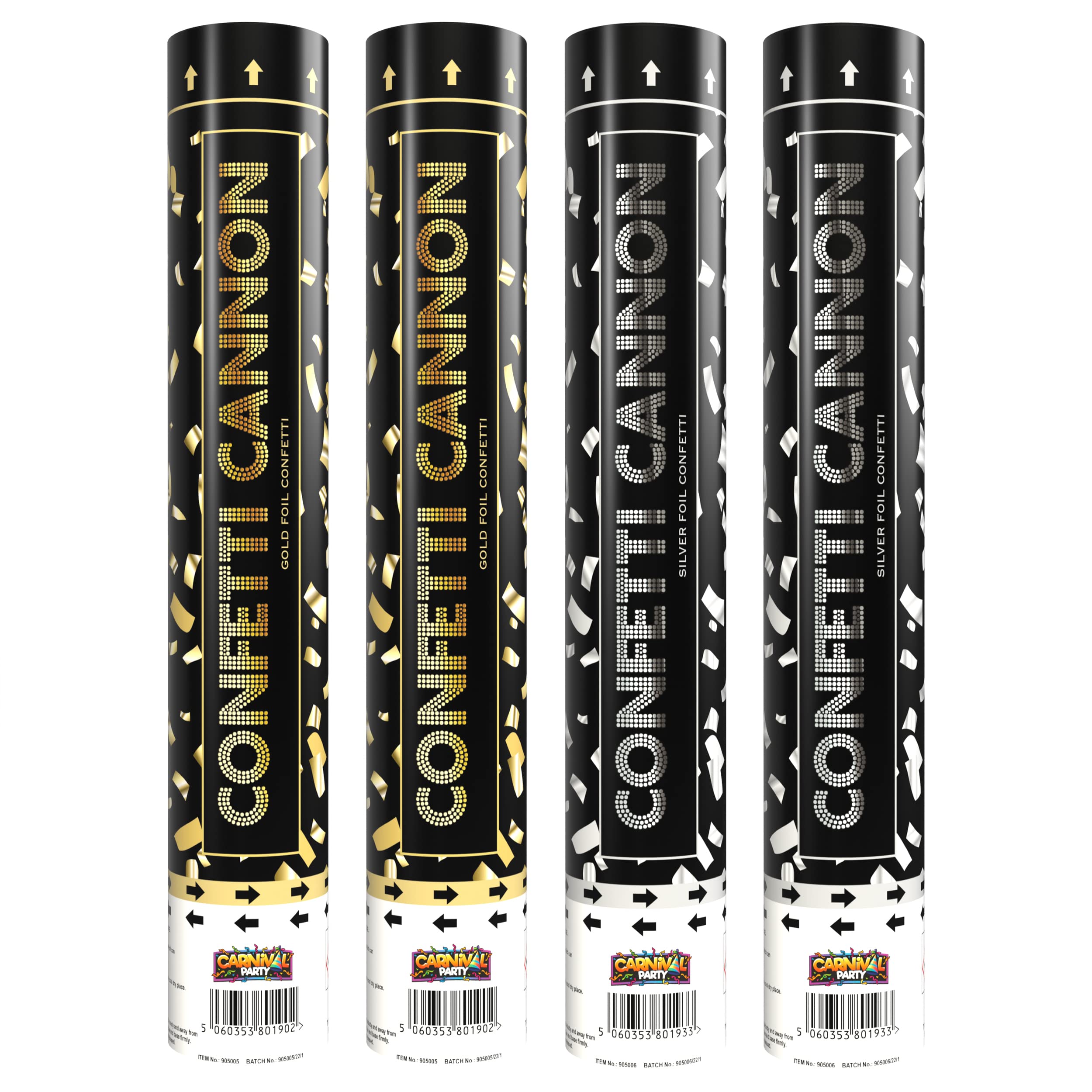 Carnival Party - 30cm Confetti Cannon - 2 Gold Foil and 2 Silver Foil Cannons - Confetti Poppers for Celebrations, Birthdays, Weddings and Parties - Pack of 4