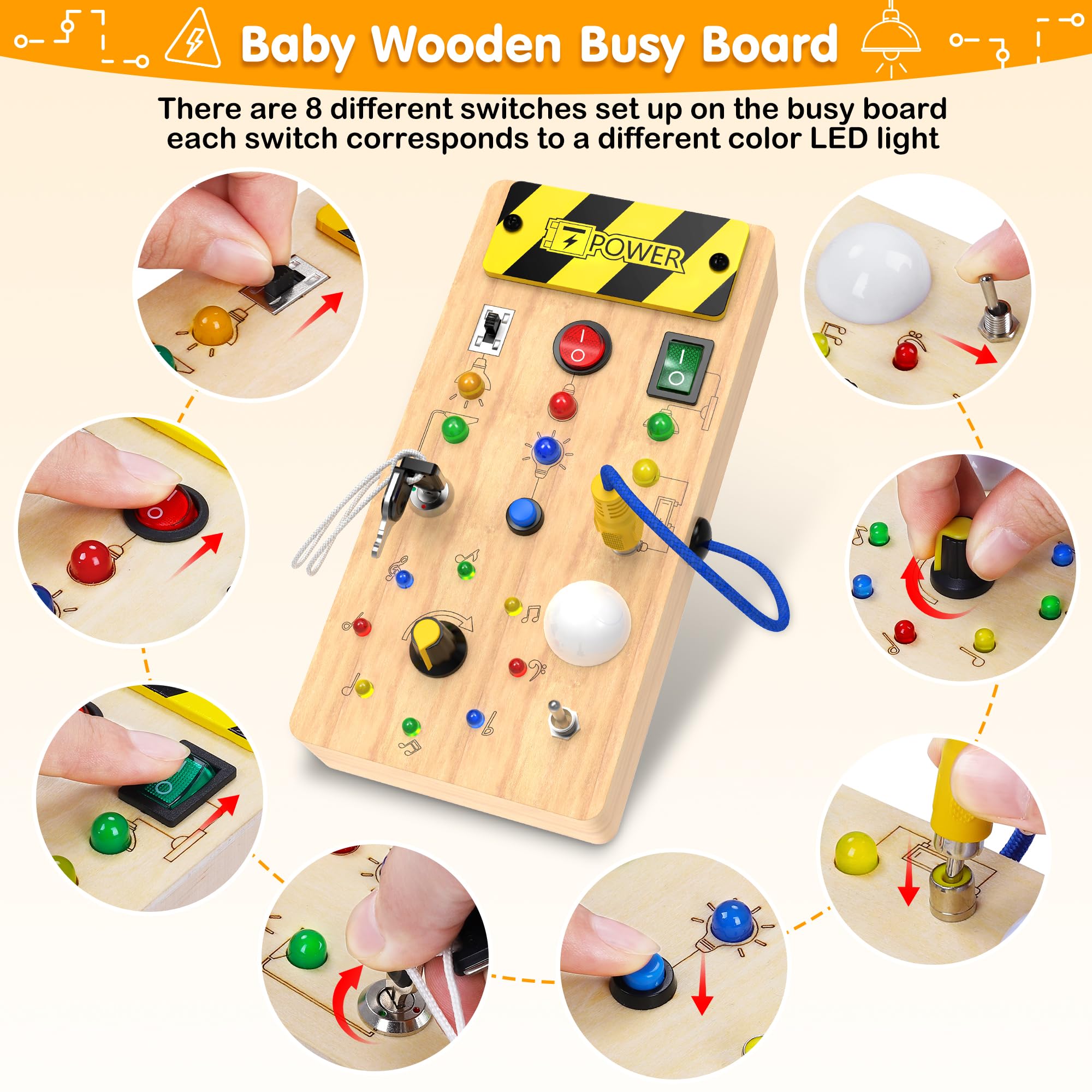JGOBUB Montessori Toddler Toys-Baby Wooden Busy Board-Sensory Toys with Light Switch-Baby Travel Preschool Educational Learning Activities Toys-Gifts for Boys Girls Ages 1 2 3 4+ Year Old