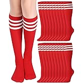 Chuarry 20 Pairs Red Knee High Socks for Women Classic Stripe Tube Outdoor Casual Athletic Christmas Socks Bulk for Cheerleading Activities Sport Spirit Event Wear