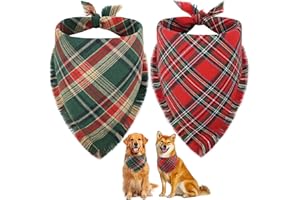 Vivifying Dog Christmas Bandana with Tassels Edges, 2 Pack Classic Plaid Triangle Pet Apparel & Accessories, Funny Holiday Dog Scarf Costume for Photo Prop, and Party Decor (X-Large, Red&Green)